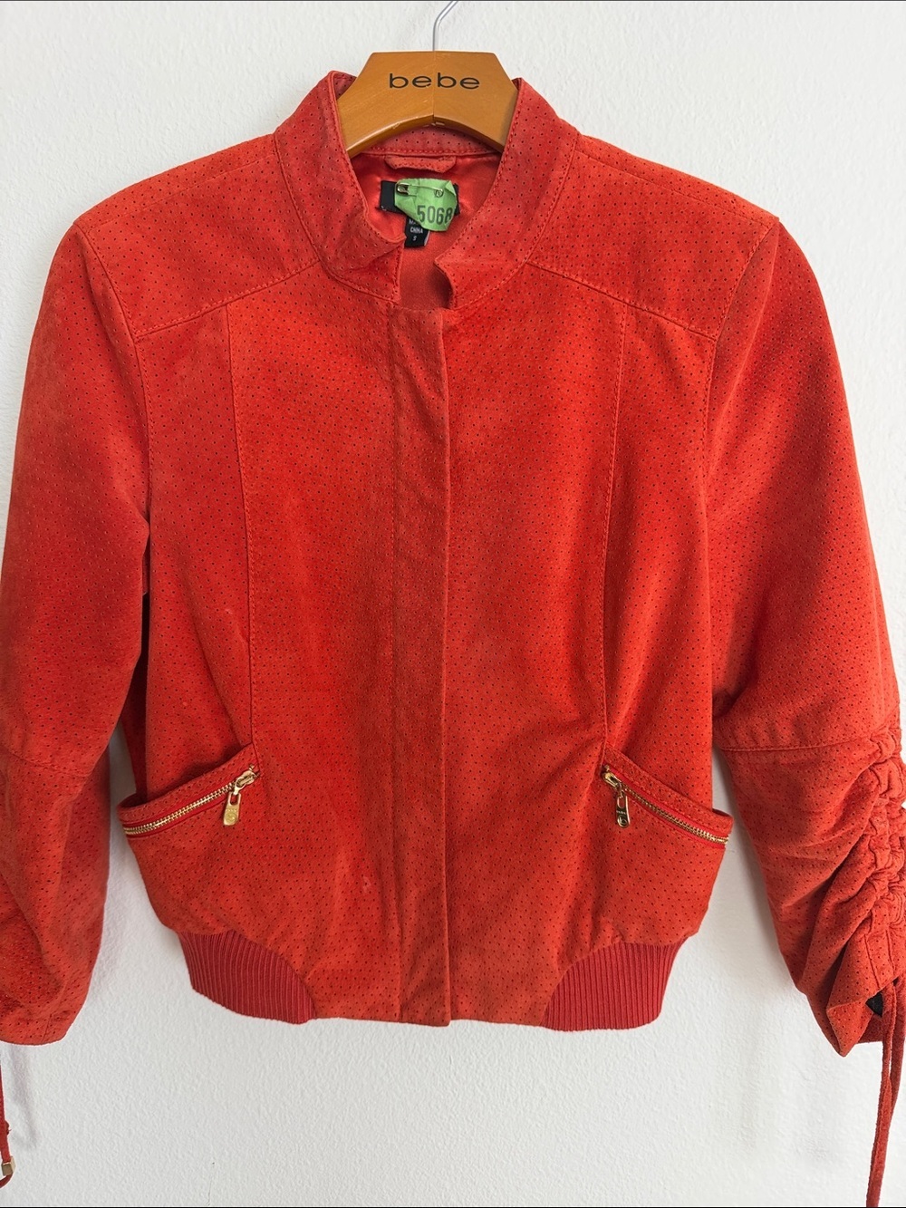 bebe Orange-Red Suede Bomber Jacket with Gold Zips